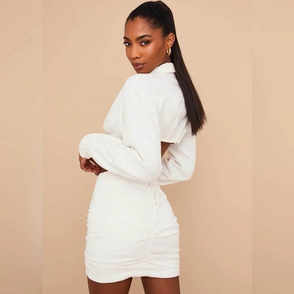 House of CB London Emmy Folded Waist Mini Skirt in Off White Size Small Ruched